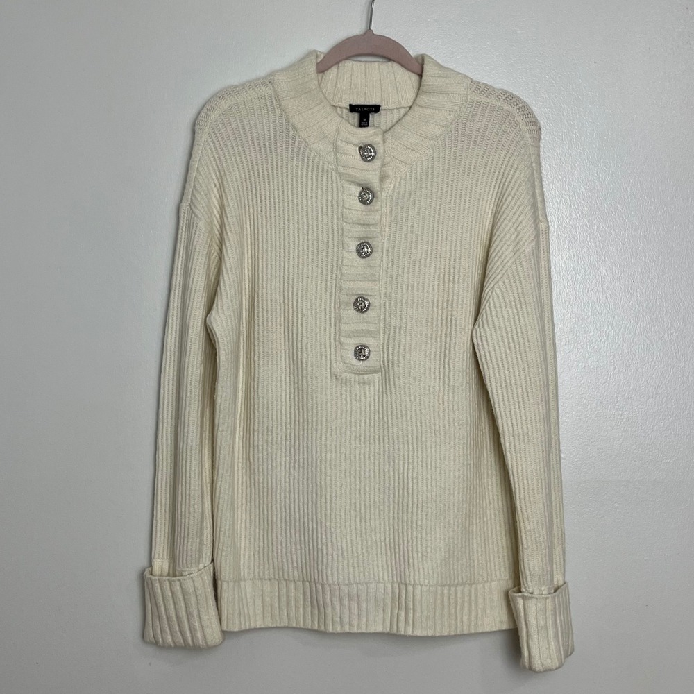 Talbots‎ Women's Cream Button Front Knit Pullover Sweater Sparkly Stones Size M